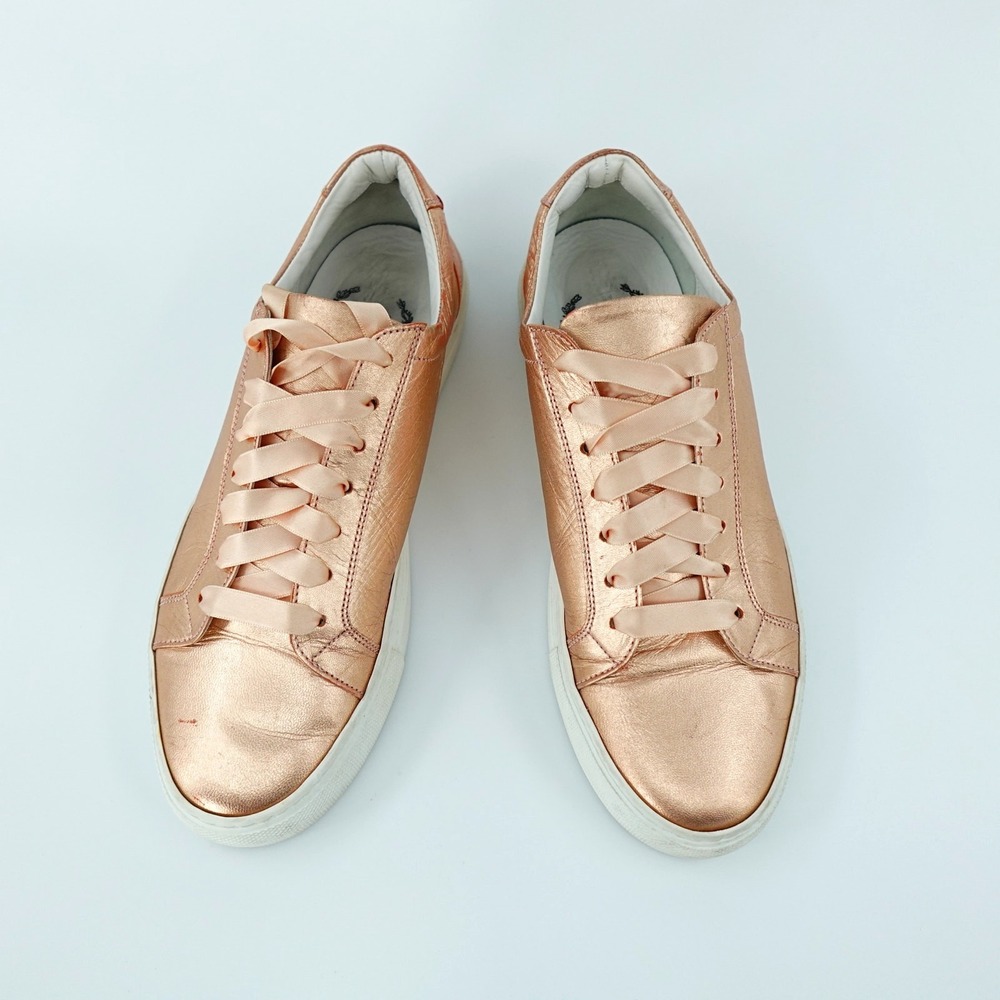 Del Toro Leather Sneakers Womens 9 Pink Metallic Low Top Satin Laces Shoes Glam - Picture 7 of 16